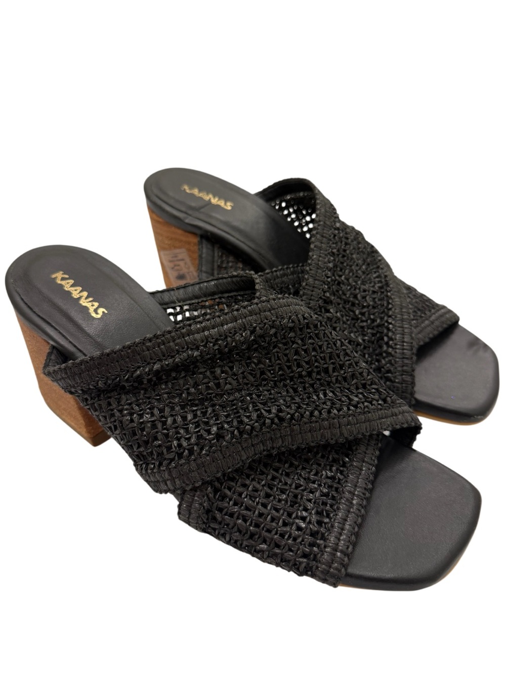 Kaanas Black Woven Crisscross Mule with Brown Block Heel